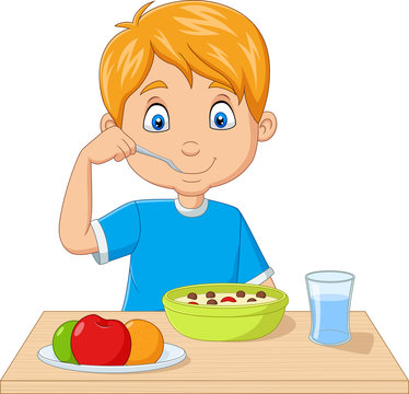 Cartoon Little Boy Having Breakfast Cereals With Fruits