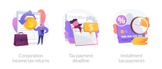 Tax payment conditions flat icons set. Deductible revenue. Corporation income tax returns, tax payment deadline, instalment tax payments metaphors. Vector isolated concept metaphor illustrations