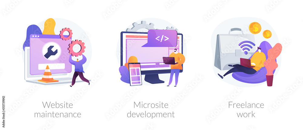 Poster web design, programming and coding idea. remote job, freelancer cartoon character. website maintenan