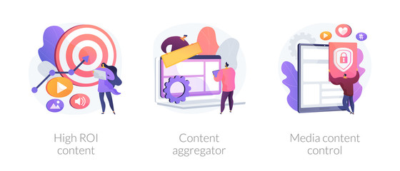 Social network marketing. Return on investment. Target analysis, SMM management. High roi content, content aggregator, media content control metaphors. Vector isolated concept metaphor illustrations