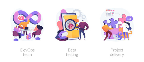 Software development. Technology analysis. Programming teamwork, quality assurance. DevOps team, beta testing, project delivery metaphors. Vector isolated concept metaphor illustrations