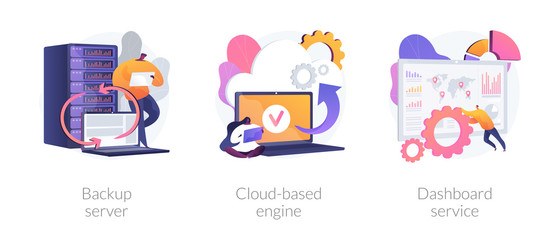 Data hosting technology. Cloud computing security. Remote access, network storage. Backup server, cloud-based engine, dashboard service metaphors. Vector isolated concept metaphor illustrations