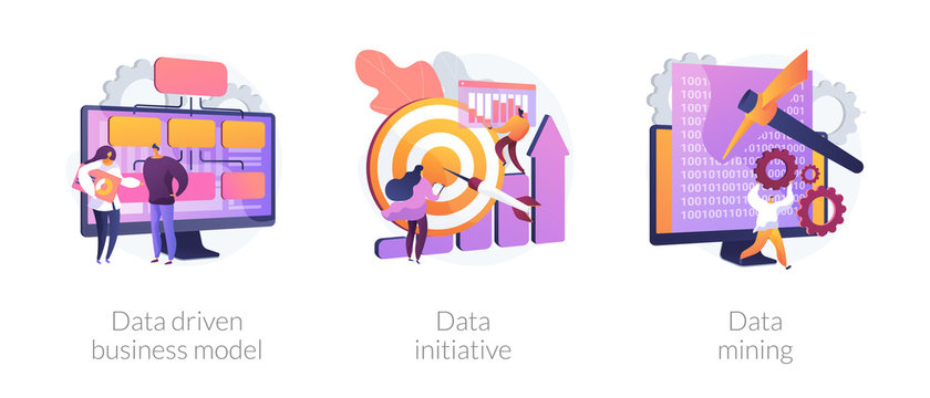 Machine learning and database systems. Computer science, code analysis. Data driven business model, data initiative, data mining metaphors. Vector isolated concept metaphor illustrations