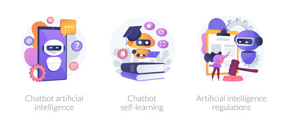 Fototapeta premium AI technology, smart chat bot. Machine learning. Chatbot artificial intelligence, chatbot self-learning, artificial intelligence regulations metaphors. Vector isolated concept metaphor illustrations.