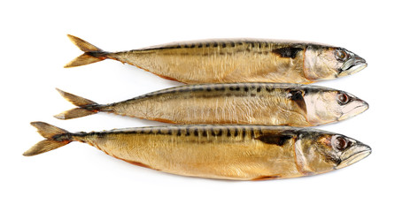 Tasty smoked mackerel fish isolated on white, top view