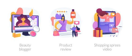 Video tutorials icons set. Influencer marketing, vlogger streaming. Beauty blogger, product review, shopping sprees video metaphors. Vector isolated concept metaphor illustrations.