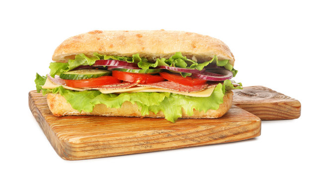 Delicious sandwich with fresh vegetables and salami isolated on white