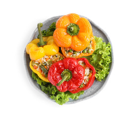 Tasty stuffed bell peppers isolated on white, top view