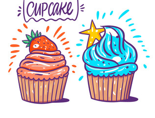 Cupcakes with strawberry and blue cream. Hand drawn vector illustration. Flat cartoon style.