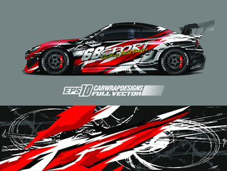 Drift car graphic livery design vector. Graphic abstract stripe racing background designs for wrap cargo van, race car, pickup truck, adventure vehicle. Eps 10