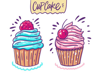 Vector doodle style illustration of two colorful cupcakes. Playful and delightful, perfect for bakery-themed designs.