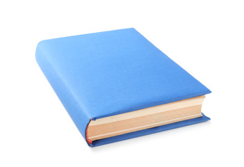 Book with blank blue cover isolated on white