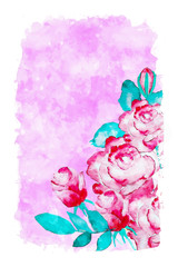 Red roses on pink watercolor background, watercolor painting for Valentine's Day card