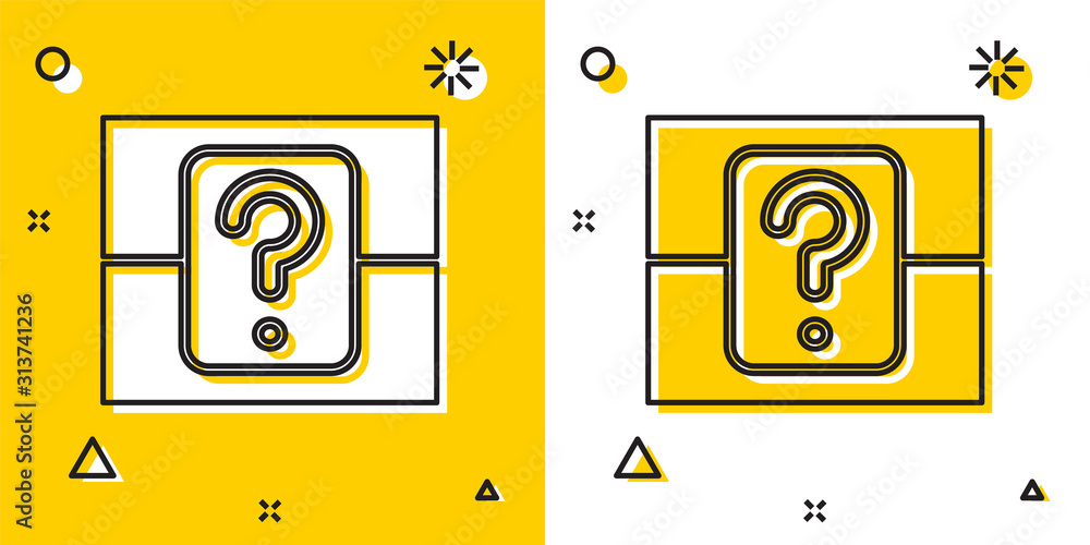 Poster black mystery box or random loot box for games icon isolated on yellow and white background. questio