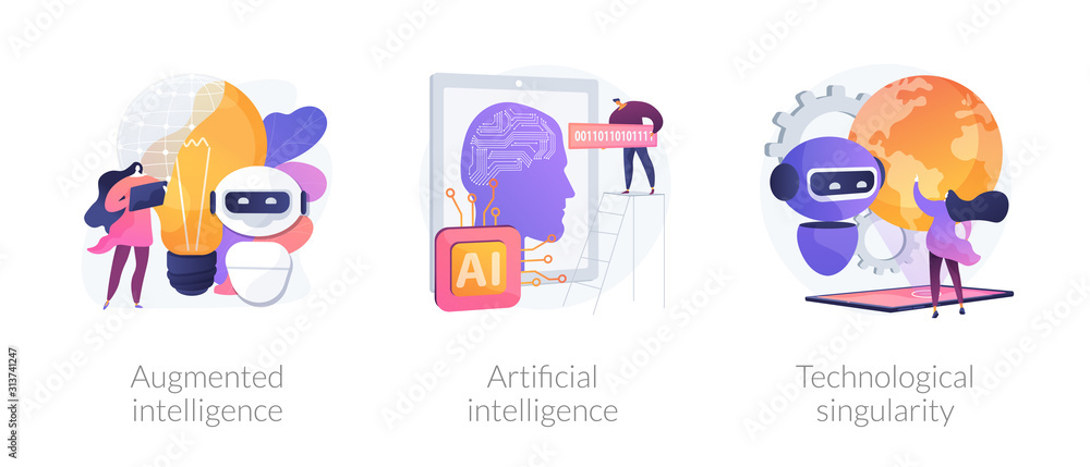 Wall mural World technology progress and modern innovations. Augmented intelligence, artificial intelligence, technological singularity metaphors. Vector isolated concept metaphor illustrations.