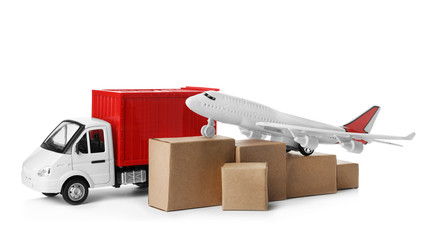 Different logistics transport with boxes isolated on white. Wholesale concept