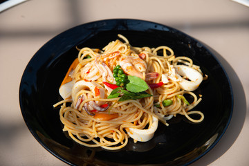 Spaghetti pepper spicy shrimp and squid