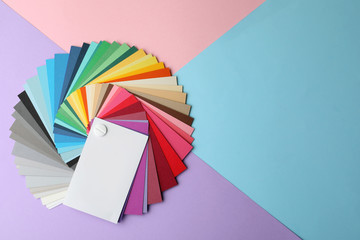 Color palette on bright background, top view. Space for text