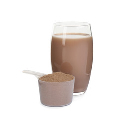 Protein shake and powder isolated on white
