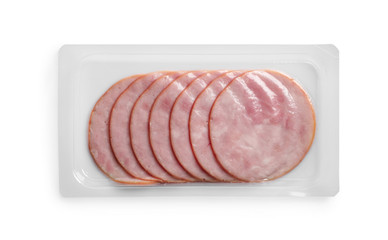 Tasty sliced ham in plastic pack isolated on white, top view