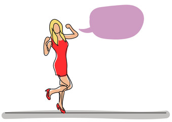 continuous line drawing of cheering woman in short dress