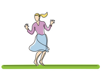 continuous line drawing of cheering woman in skirt