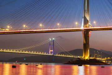 Ting Kau Bridge and Tsing Ma Bridge in Hong Kong at dusk