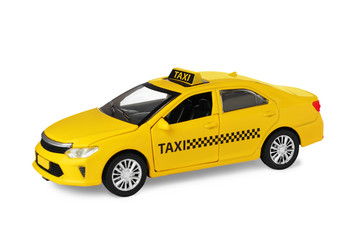 Fototapeta na wymiar Yellow taxi car model isolated on white