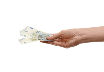 Woman with money on white background, closeup