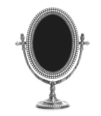 Vintage desk mirror with stand isolated on white