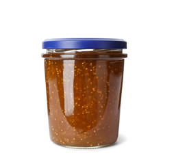 Jar of fig jam isolated on white