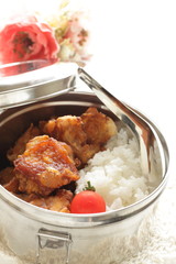 Chinese food, fried chicken and rice packed lunch