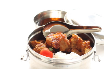 Chinese food, fried chicken and rice packed lunch