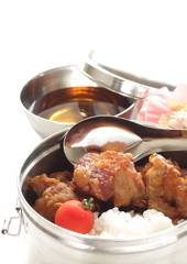 Chinese food, fried chicken and rice packed lunch