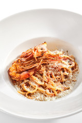 Classic Linguine Pasta with Grated Parmesan Cheese and Fried Shrimps
