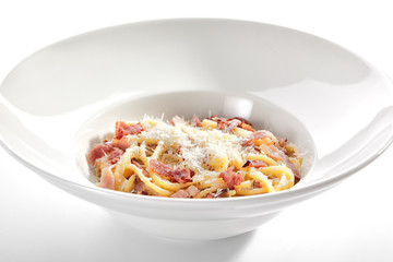Macro Photo of Spaghetti Carbonara with Grated Parmesan and Bacon