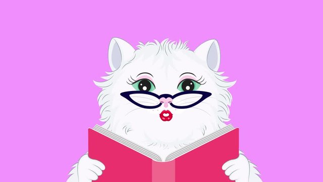 Cute cartoon cat with glasses reading book. Animation on pink background.