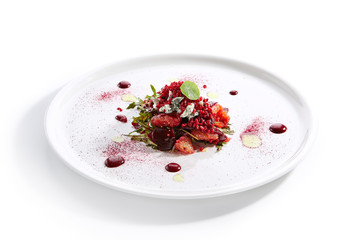 Baked Beet Salad with Citrus Fruits and Stracciatella Isolated