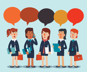 Young business women talking and discussing. Vector illustration of business characters. Teamwork and partnership vector concept