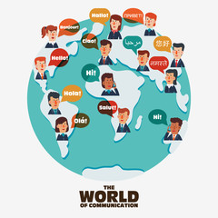 Fototapeta premium Business men and business women with speech bubbles in different languages. Communication, teamwork, assistance and connection vector concept. Partnership and international business