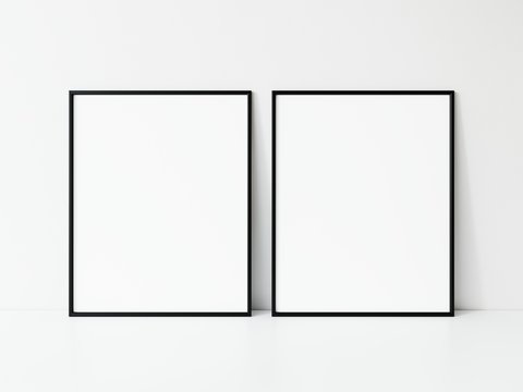 Two vertical black frame mockup. Set of Two black frame mock up poster. 2 vertical frame 3d illustrations.