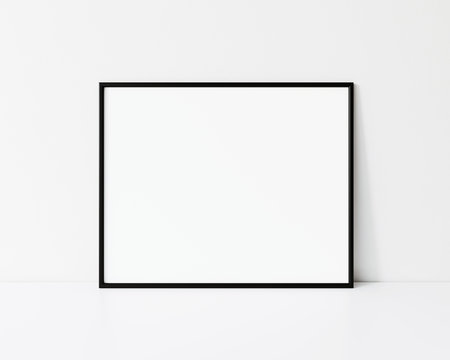 Horizontal black thin frame mockup. Minimal black landscape frame. Black slim frame mock up 3d illustrations.