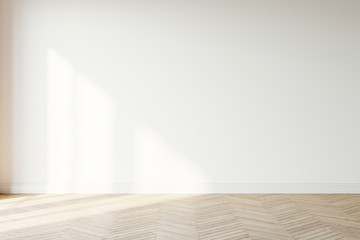 Leeg muurmodel. Lege ruimte met een witte muur en een houten vloer. 3D illustratie.