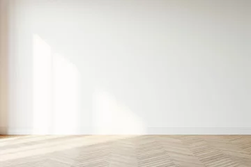 Foto op Plexiglas Wand Leeg muurmodel. Lege ruimte met een witte muur en een houten vloer. 3D illustratie.