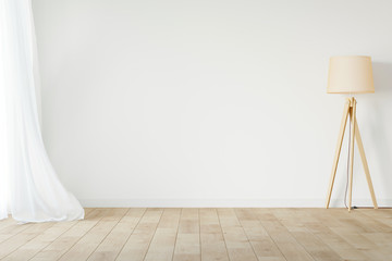 White empty room mockup with with sheer curtain, wood floor lamp and wood floor. 3D illustration. - obrazy, fototapety, plakaty
