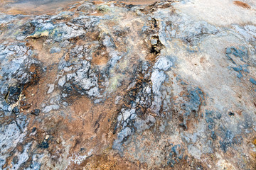 Textured, cracked and patterned mud and rocks in the Namaskard/Myvatn area in Icelandic nature. Geothermal and active volcanic ground. Geology and energy concept.