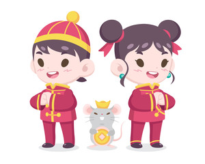 Year of a rat : Cute style Chinese boy and girl with a rat illustration