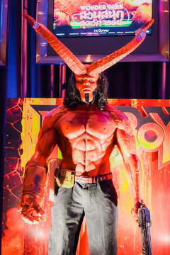 Bangkok, Thailand - March 10, 2019: Hellboy Model With a beautiful standee of a movie called Hellboy display showing at cinema