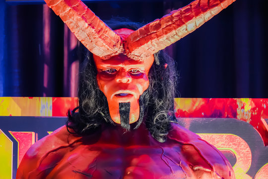 Bangkok, Thailand - March 10, 2019: Hellboy Model With a beautiful standee of a movie called Hellboy display showing at cinema