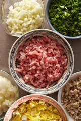 Fototapeta na wymiar Dumpling meat and vegetable ingredient in bowls 